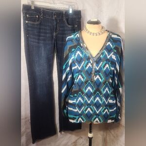 Lane Bryant 18/20 Sheer Top Silver Beaded Trim V-neck Geometric Blue White Black